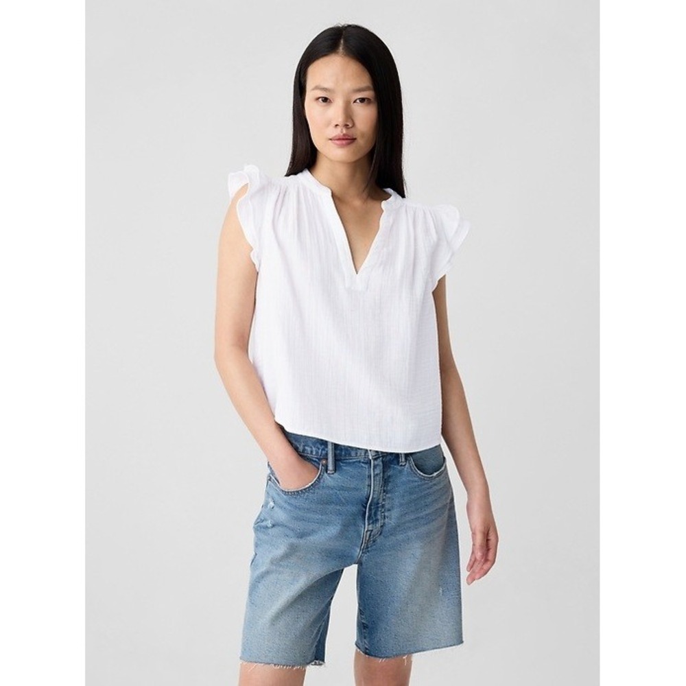 GAP Women's White Crinkle Gauze Split Neck Flutter Sleeve Blouse Small Boho